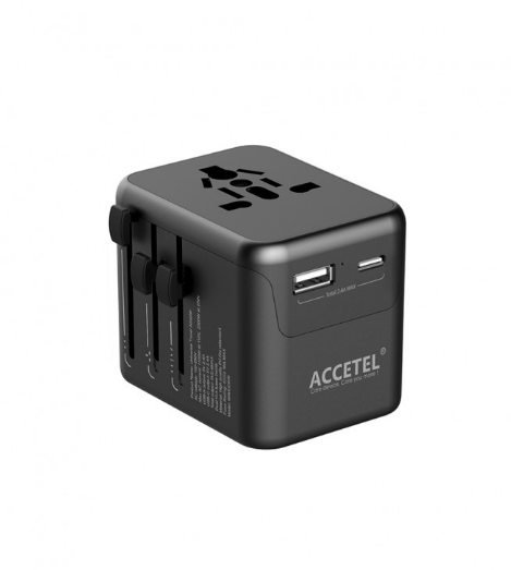 UC606B Adaptador Enchufe de Viaje Internacional con Dos Puertos USB-C y USB-A 2.4A - Negro