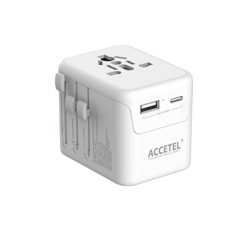 Adaptador Enchufe de Viaje Internacional con Dos Puertos USB-C y USB-A 2.4A - Blanco