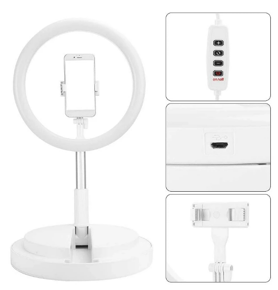 Live Beauty Anillo Blanco con 3 Tonos de luz 26cm + Base sobremesa ajustable altura máximo 168cm