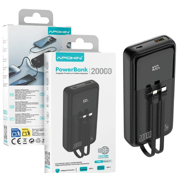 Power Bank Con Cables Integrados con 20000mHa Negro