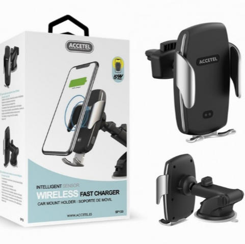 Cargador Inalámbrico de Coche Sujeción Automática Carga Rápida 10W 2in1 - Negro
