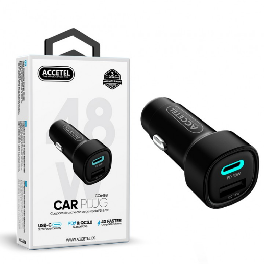 Cargador Coche con Carga Rápida USB-C PD +USB-A QC Max.48W