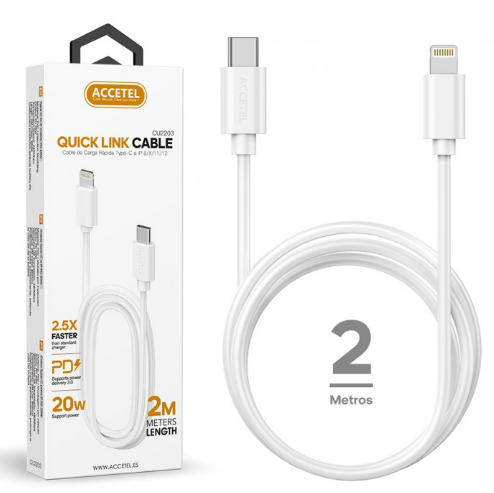 Cable Datos Carga Rápida PD 20W USB-C a Lightning Blanco (2M)