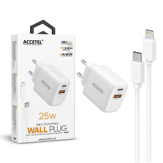 Cargador Pared Carga Rápida 25W QC/PD 3.0 - Cable USB-C a Lightning