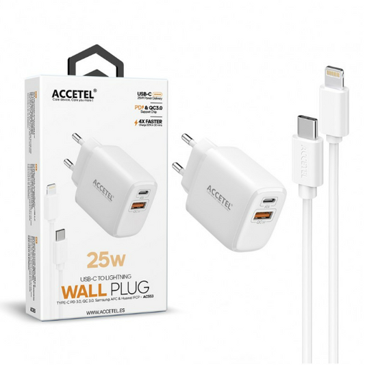 Cargador Pared Carga Rápida 25W QC/PD 3.0 - Cable USB-C a Lightning