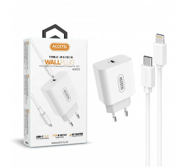 AC623 Cargador Pared Carga Rápida PD 20W - Cable USB-C a Lightning