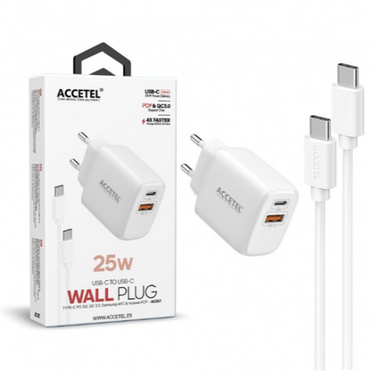 Cargador Pared Carga Rápida 25W QC/PD 3.0 - Cable USB-C a USB-C