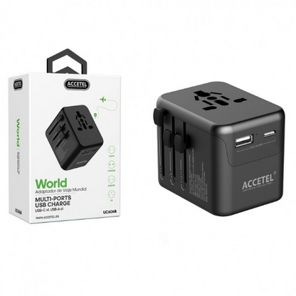 UC606B Adaptador Enchufe de Viaje Internacional con Dos Puertos USB-C y USB-A 2.4A - Negro