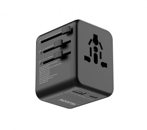 UC606B Adaptador Enchufe de Viaje Internacional con Dos Puertos USB-C y USB-A 2.4A - Negro
