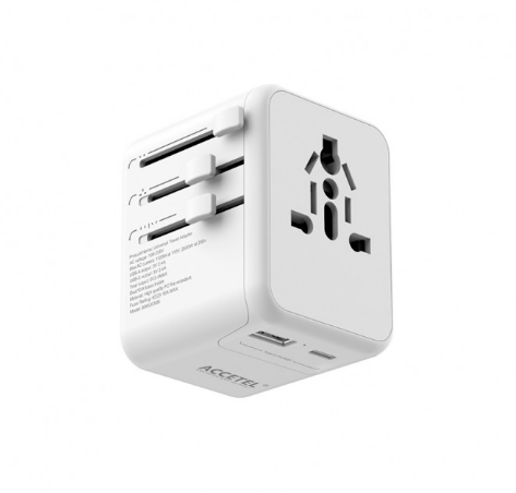 Adaptador Enchufe de Viaje Internacional con Dos Puertos USB-C y USB-A 2.4A - Blanco