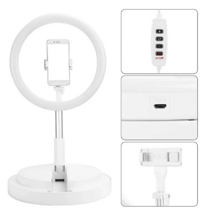 Live Beauty Anillo Blanco con 3 Tonos de luz 26cm + Base sobremesa ajustable altura máximo 168cm