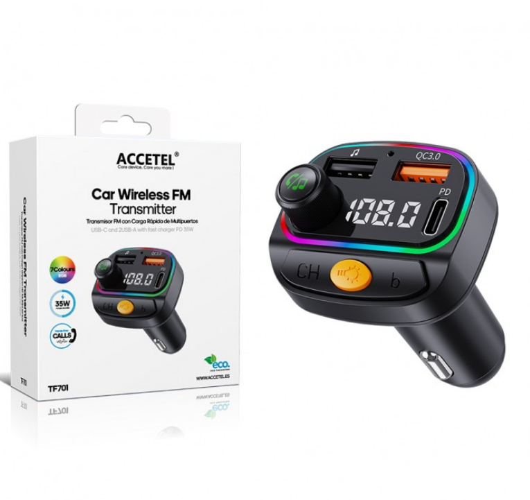 TF701 Transmisor FM Bluetooth para Coche con Carga Rápida (USB-C + 2 USB-A, 35W)