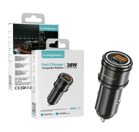 Cargador 38W Coche Salida doble QC 3.0 / USB-A / Tipo C